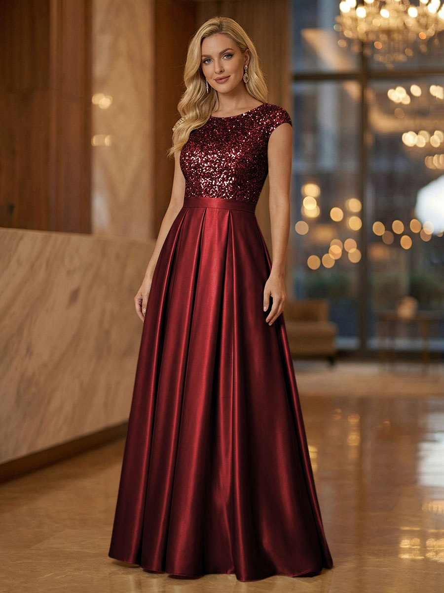 A Line Scoop Neck Long Pleated Mother of the Bride Dresses with Sequin
