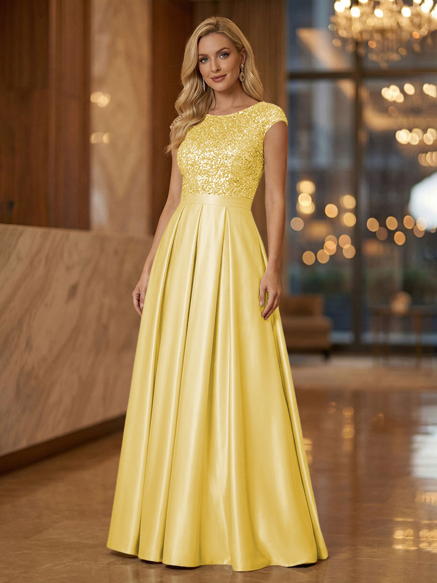 A Line Scoop Neck Long Pleated Mother of the Bride Dresses with Sequin