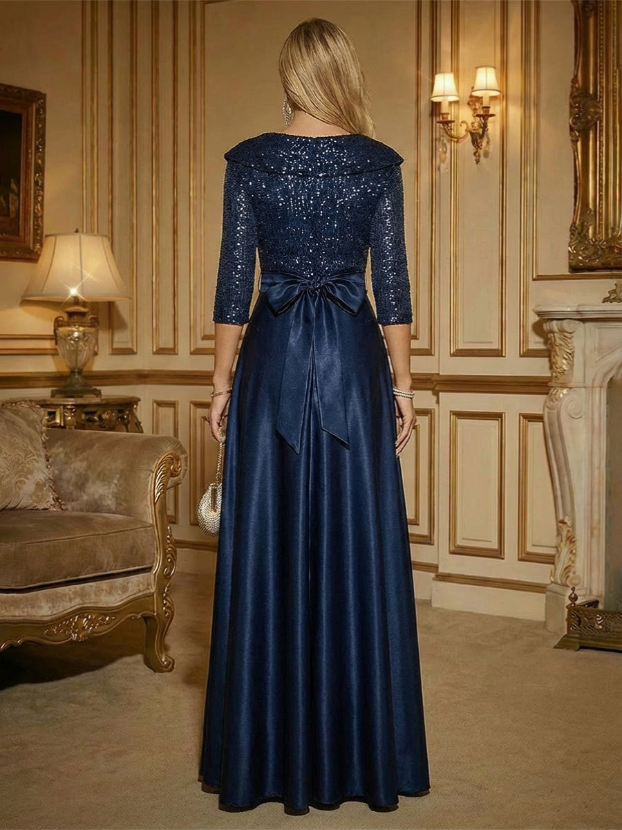 3/4 Sleeve A Line Sequined Floor Length Elegant Mother of the Bride Dresses with Bow