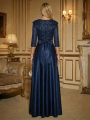 3/4 Sleeve A Line Sequined Floor Length Elegant Mother of the Bride Dresses with Bow