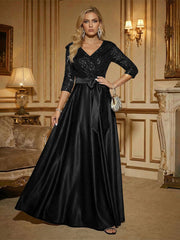3/4 Sleeve A Line Sequined Floor Length Elegant Mother of the Bride Dresses with Bow