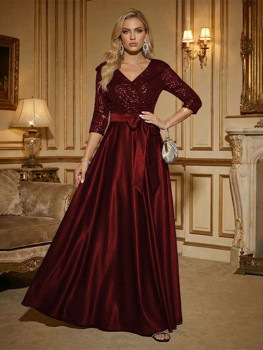 3/4 Sleeve A Line Sequined Floor Length Elegant Mother of the Bride Dresses with Bow