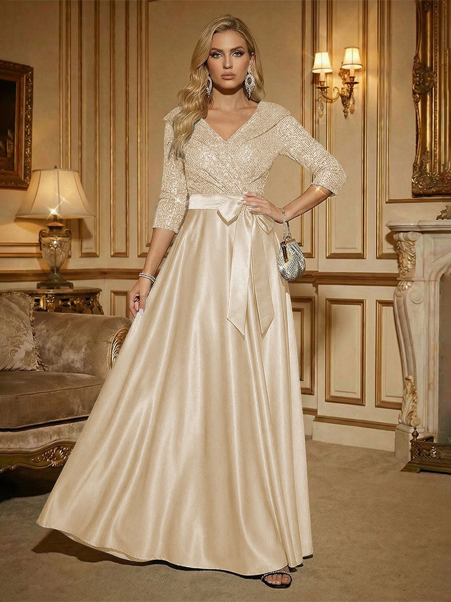 3/4 Sleeve A Line Sequined Floor Length Elegant Mother of the Bride Dresses with Bow