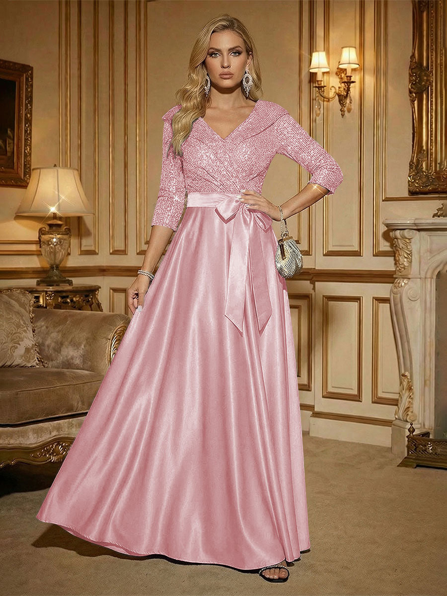 3/4 Sleeve A Line Sequined Floor Length Elegant Mother of the Bride Dresses with Bow