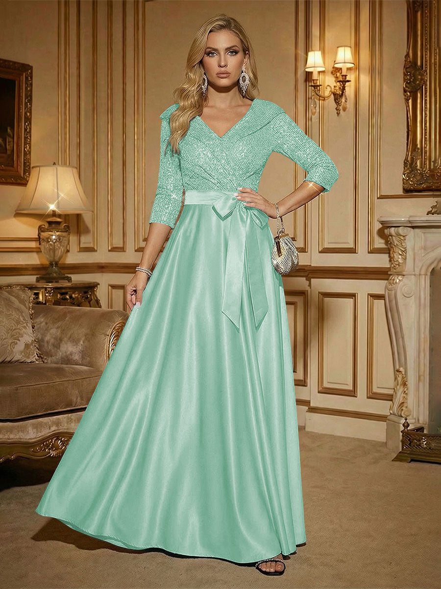 3/4 Sleeve A Line Sequined Floor Length Elegant Mother of the Bride Dresses with Bow