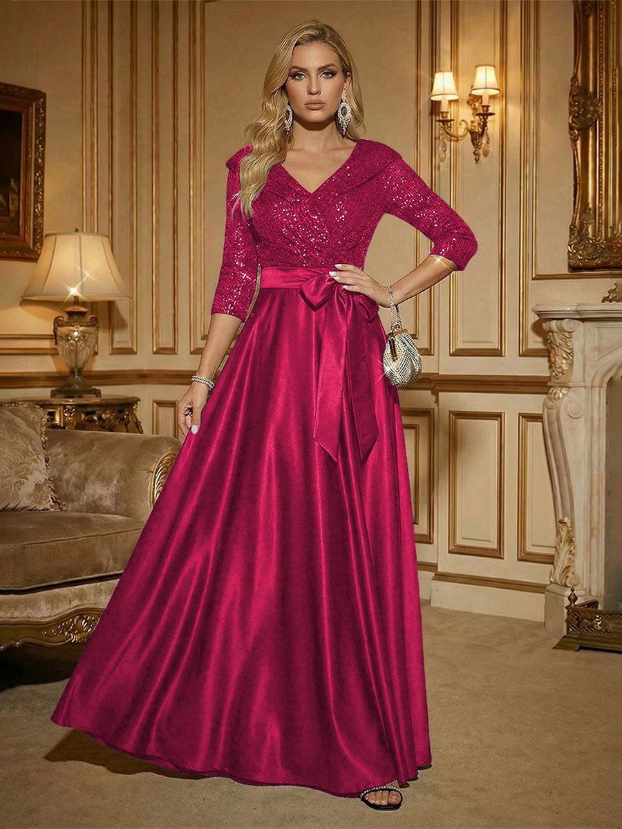 3/4 Sleeve A Line Sequined Floor Length Elegant Mother of the Bride Dresses with Bow