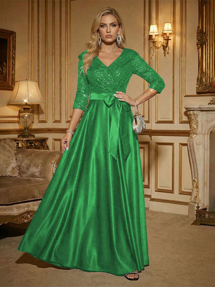 3/4 Sleeve A Line Sequined Floor Length Elegant Mother of the Bride Dresses with Bow