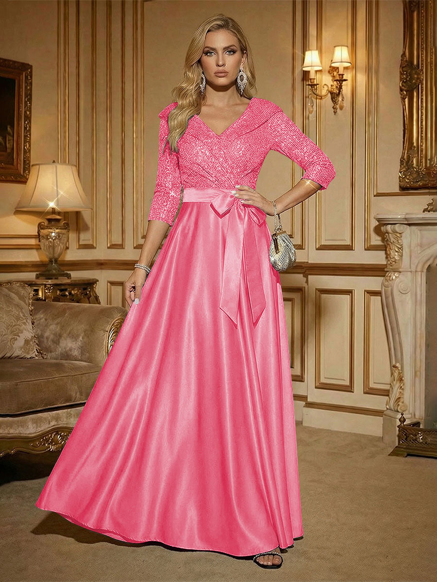 3/4 Sleeve A Line Sequined Floor Length Elegant Mother of the Bride Dresses with Bow