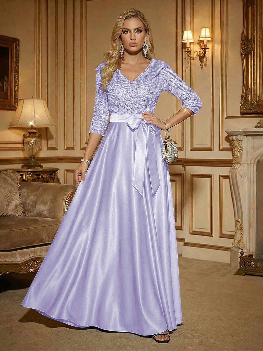 3/4 Sleeve A Line Sequined Floor Length Elegant Mother of the Bride Dresses with Bow