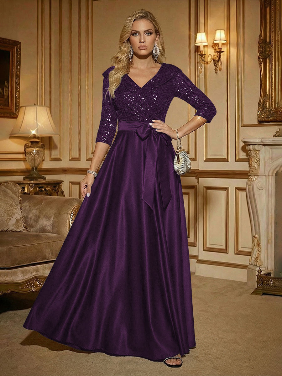 3/4 Sleeve A Line Sequined Floor Length Elegant Mother of the Bride Dresses with Bow