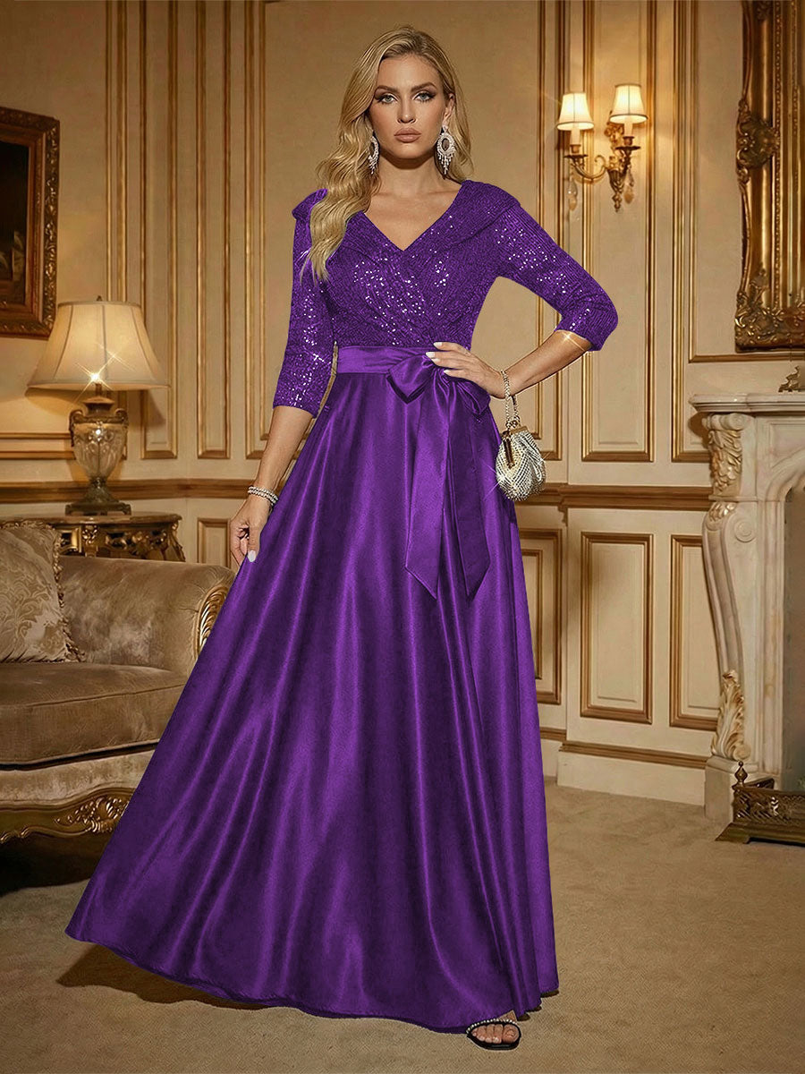 3/4 Sleeve A Line Sequined Floor Length Elegant Mother of the Bride Dresses with Bow