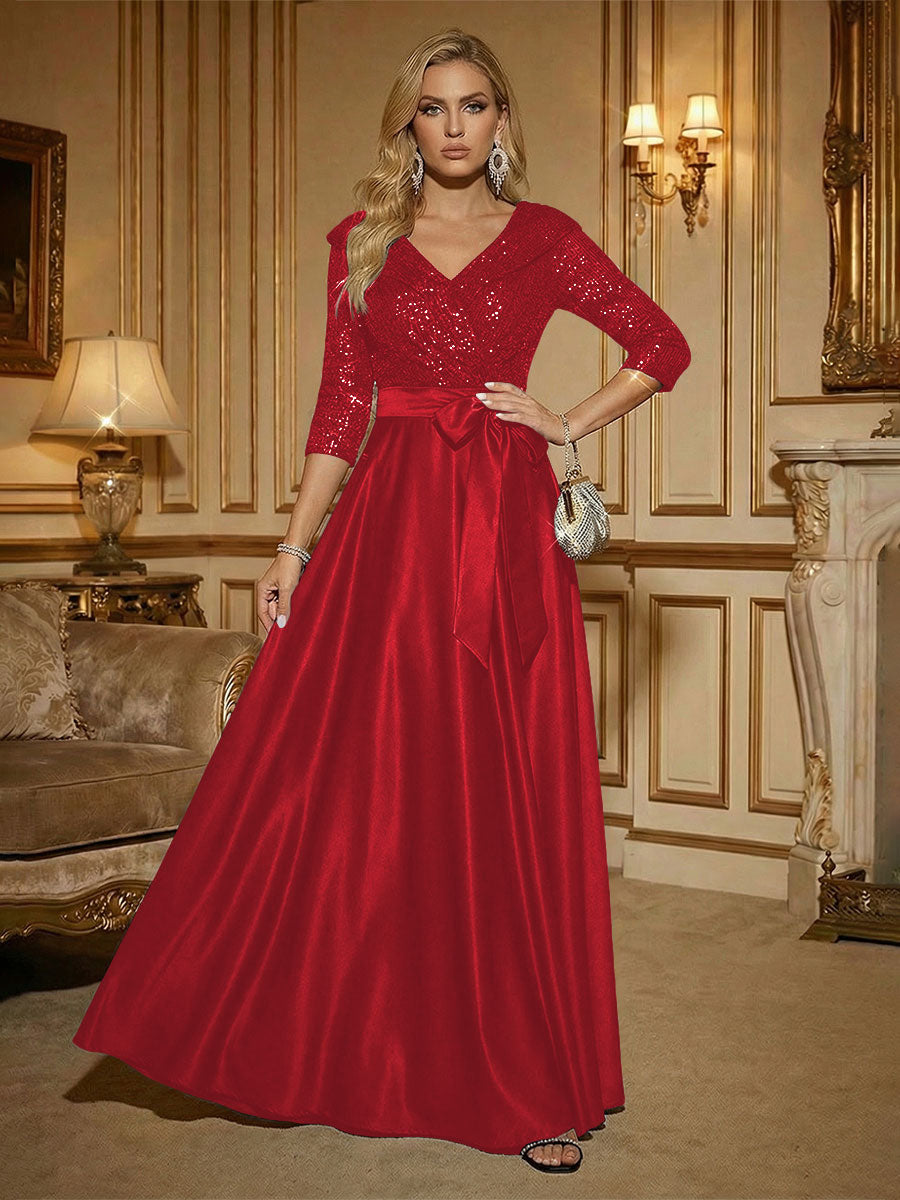 3/4 Sleeve A Line Sequined Floor Length Elegant Mother of the Bride Dresses with Bow