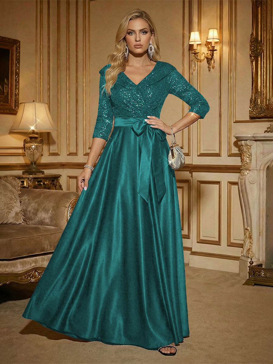 3/4 Sleeve A Line Sequined Floor Length Elegant Mother of the Bride Dresses with Bow