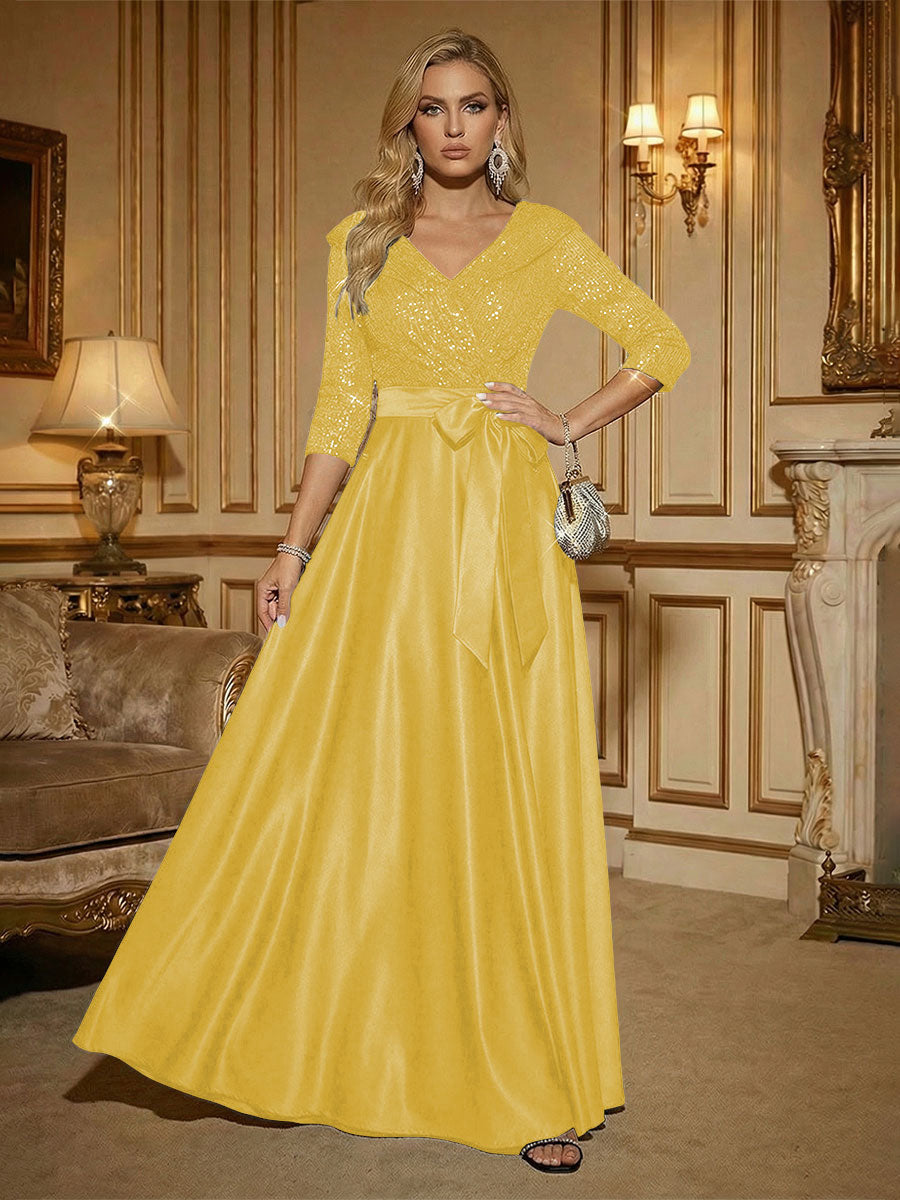 3/4 Sleeve A Line Sequined Floor Length Elegant Mother of the Bride Dresses with Bow