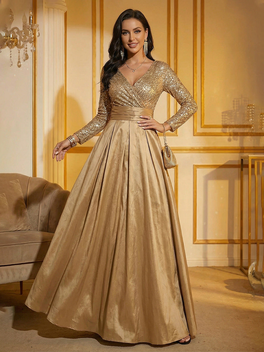A Line V Neck Long Sleeve Ruched Elegant Mother of the Bride Dresses with Pleats