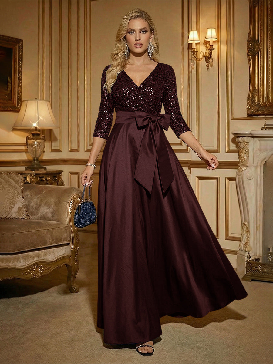 A Line 3/4 Sleeve Floor Length Mixed Mother of the Bride Dresses with Bow