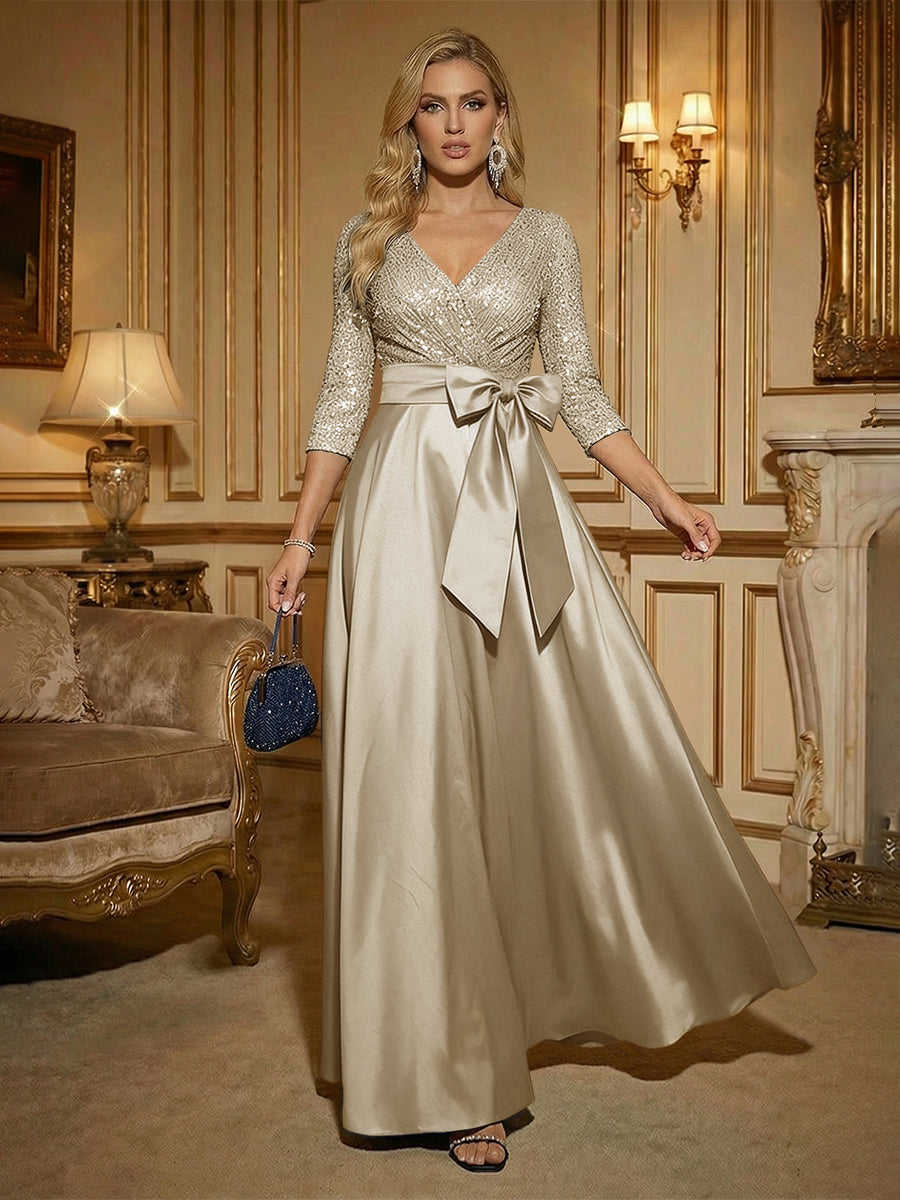 A Line 3/4 Sleeve Floor Length Mixed Mother of the Bride Dresses with Bow