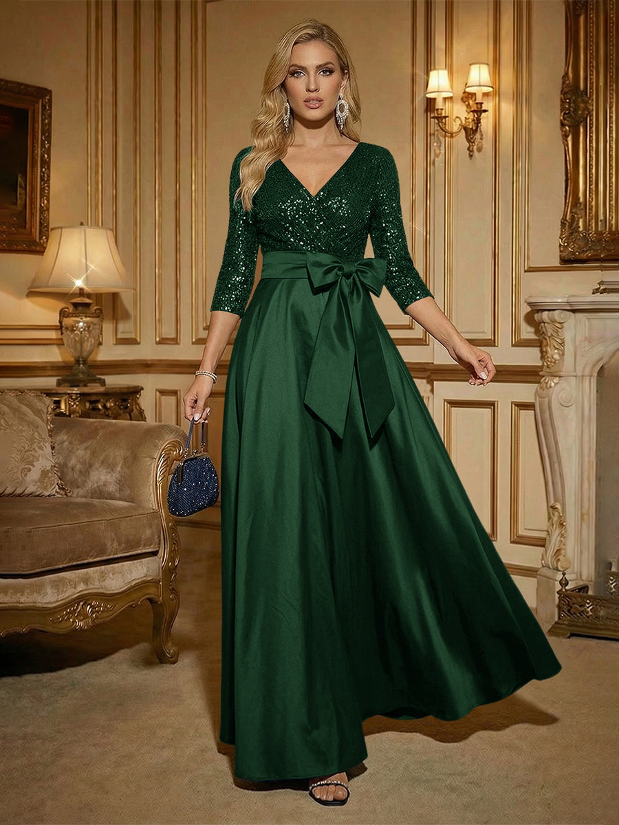 A Line 3/4 Sleeve Floor Length Mixed Mother of the Bride Dresses with Bow
