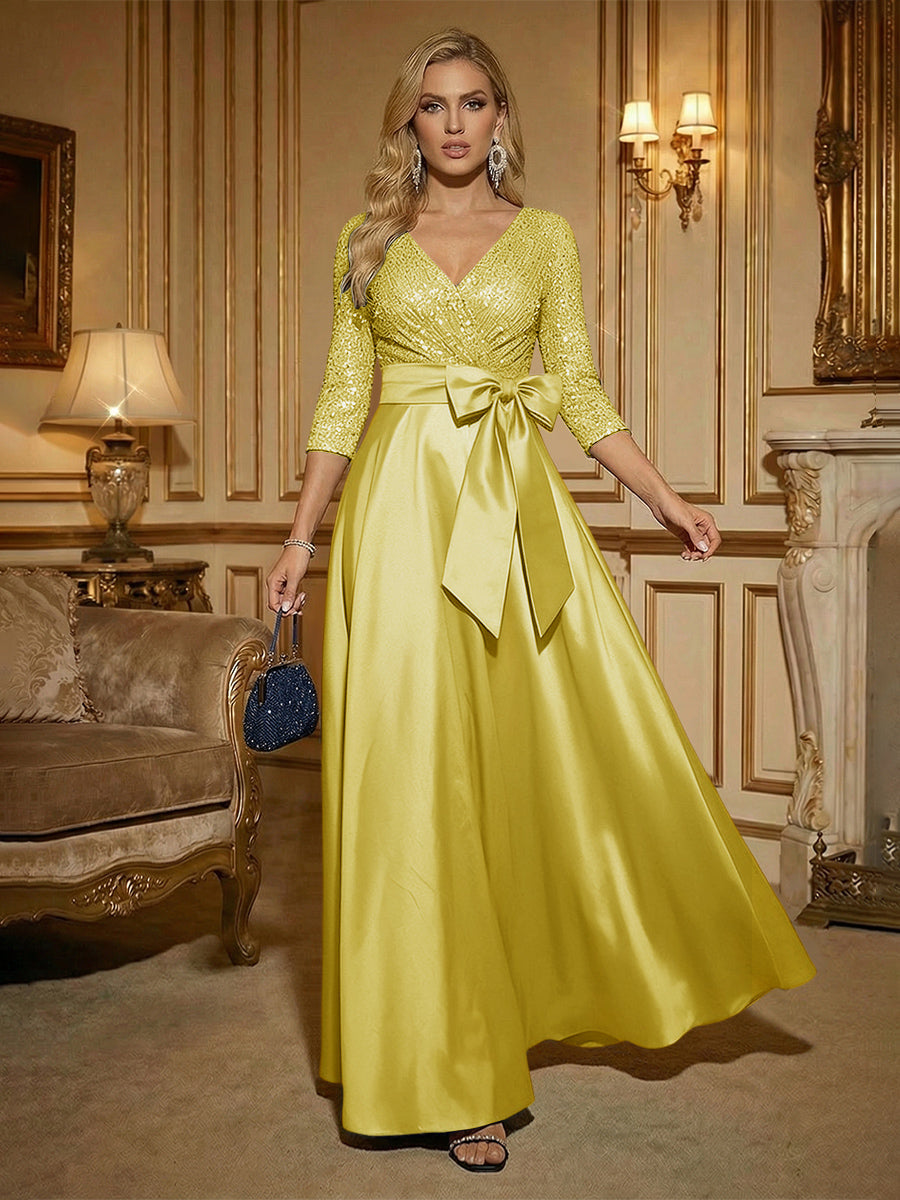 A Line 3/4 Sleeve Floor Length Mixed Mother of the Bride Dresses with Bow