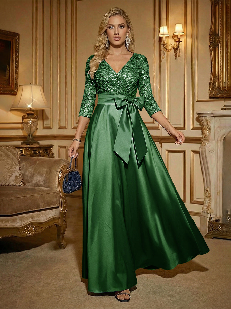 A Line 3/4 Sleeve Floor Length Mixed Mother of the Bride Dresses with Bow