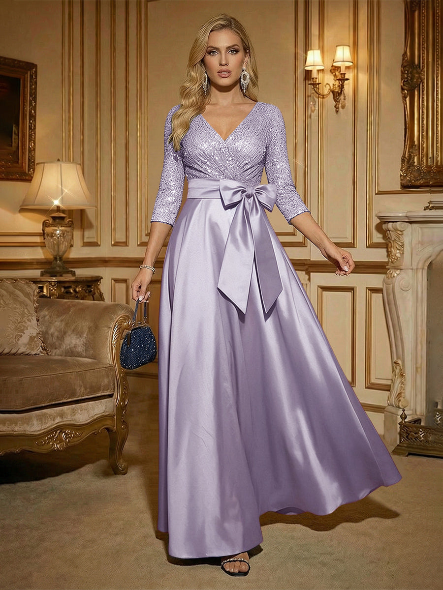 A Line 3/4 Sleeve Floor Length Mixed Mother of the Bride Dresses with Bow