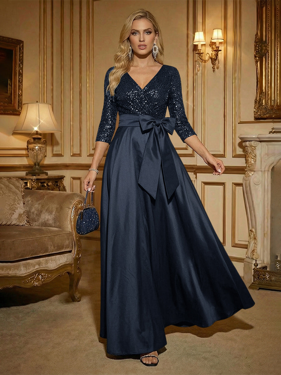 A Line 3/4 Sleeve Floor Length Mixed Mother of the Bride Dresses with Bow