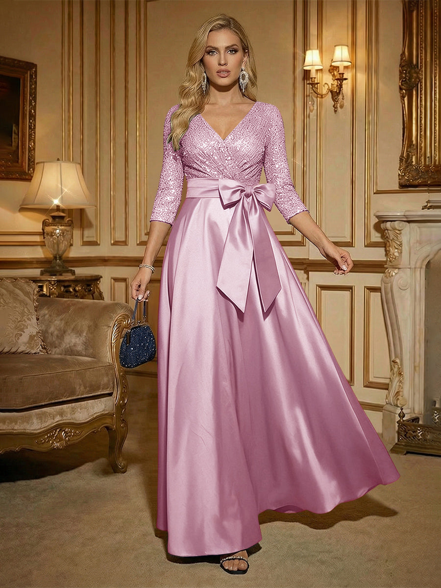 A Line 3/4 Sleeve Floor Length Mixed Mother of the Bride Dresses with Bow