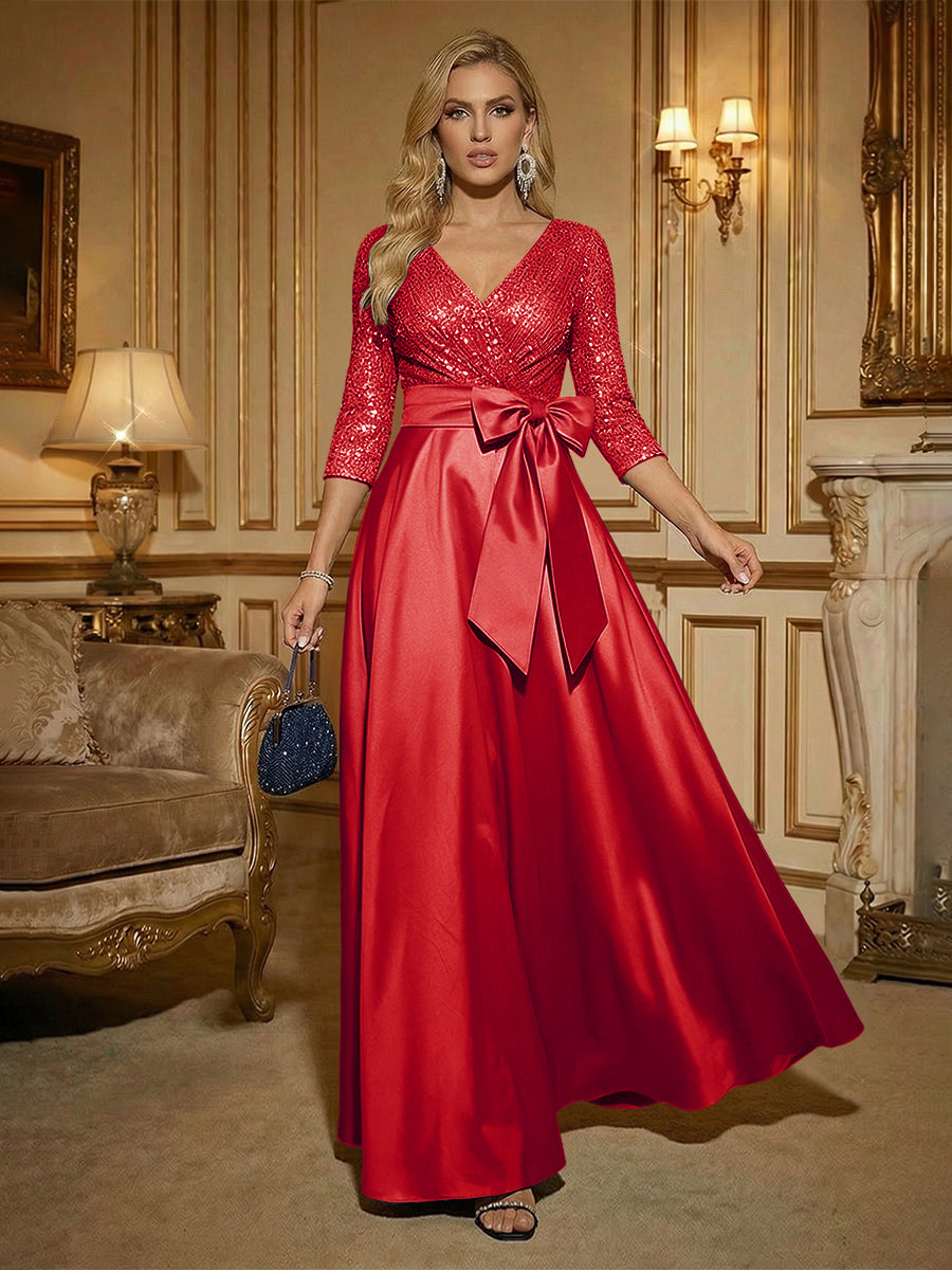 A Line 3/4 Sleeve Floor Length Mixed Mother of the Bride Dresses with Bow