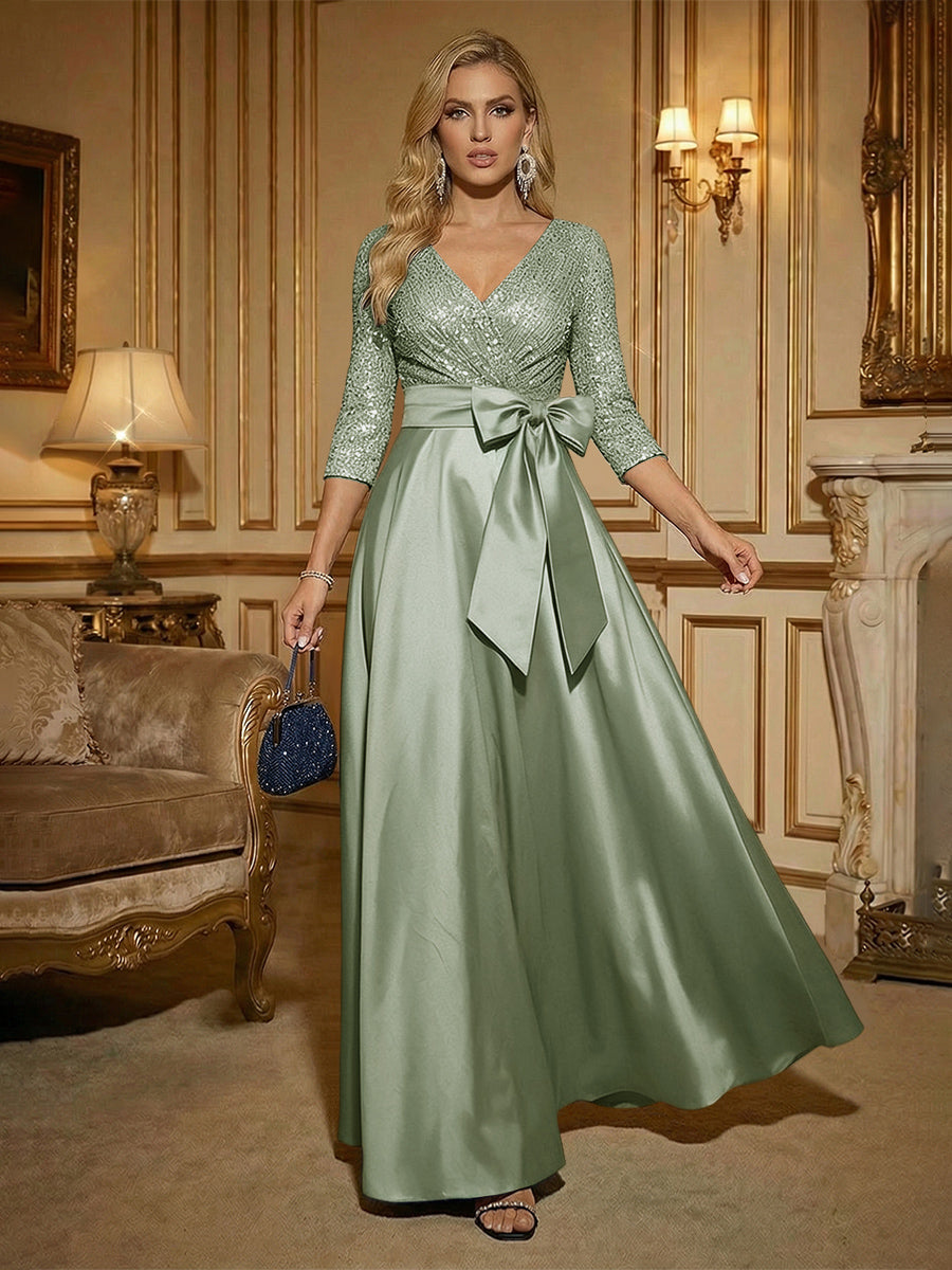 A Line 3/4 Sleeve Floor Length Mixed Mother of the Bride Dresses with Bow