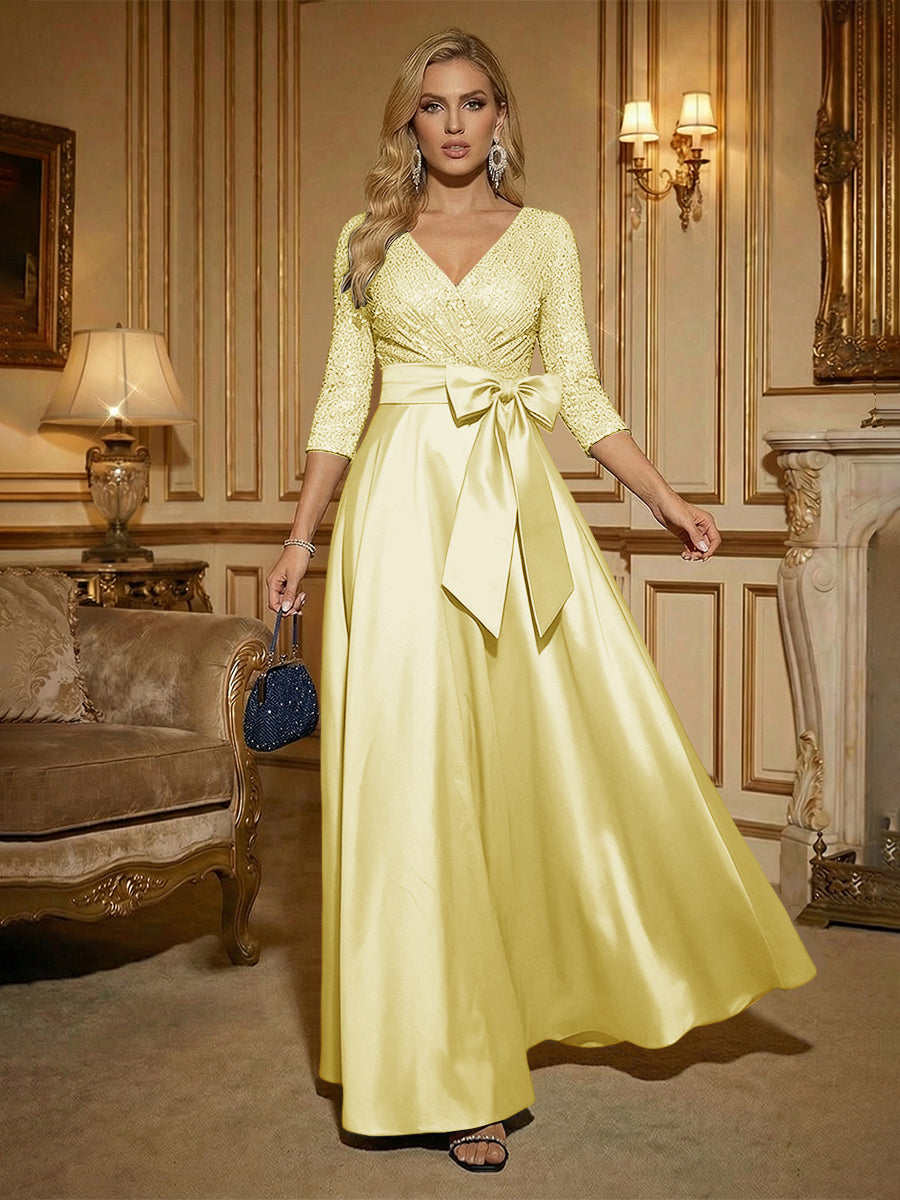 A Line 3/4 Sleeve Floor Length Mixed Mother of the Bride Dresses with Bow