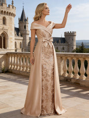 A Line Off Shoulder Ruched Elegant Mother of the Bride Dresses with Bow & Appliques