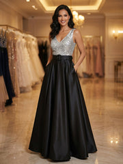 A Line/Princess V Neck Floor Length Mother of the Bride Dresses with Belt & Pocket