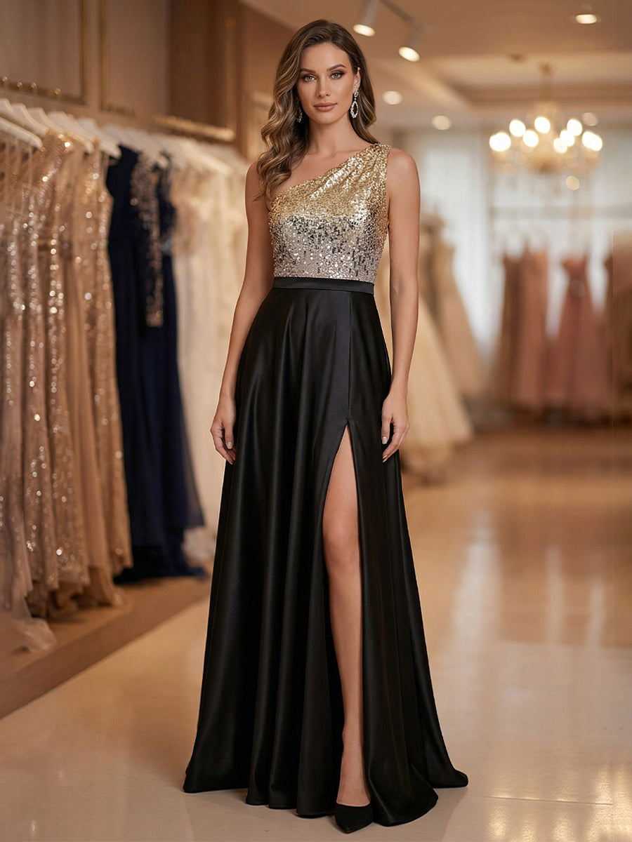 A Line/Princess One Shoulder Sequined Long Mixed Mother of the Bride Dresses with High Split