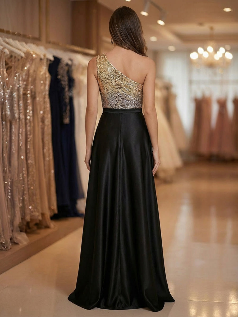 A Line/Princess One Shoulder Sequined Long Mixed Mother of the Bride Dresses with High Split