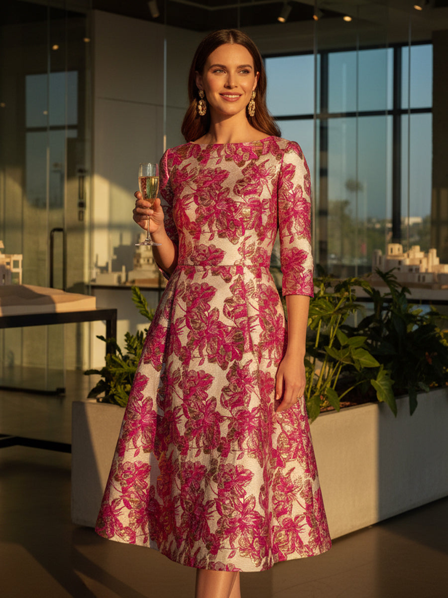 A-Line Jacquard 3/4 Sleeve Knee-Length Mother of the Bride Dresses