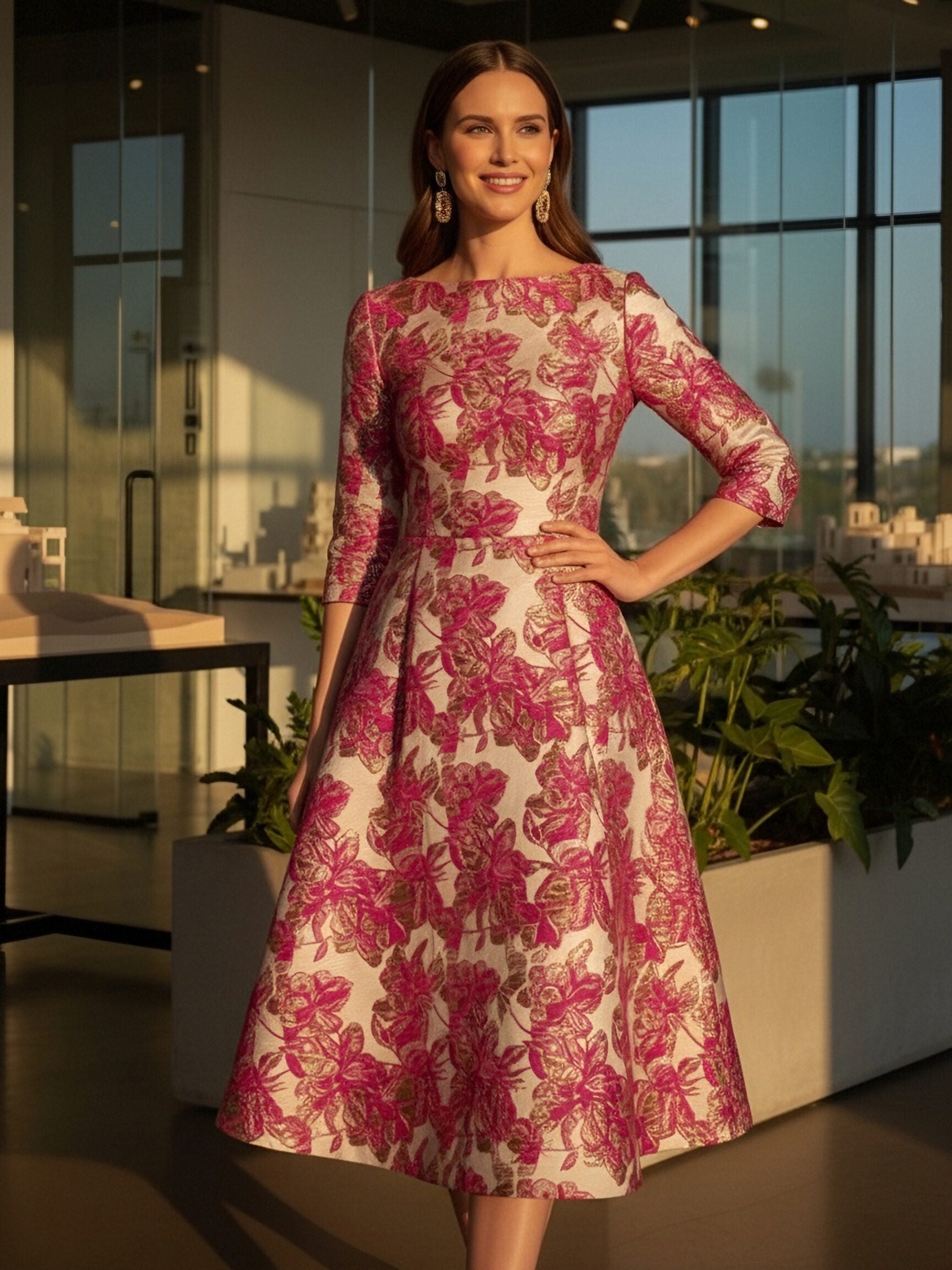 A-Line Jacquard 3/4 Sleeve Knee-Length Mother of the Bride Dresses