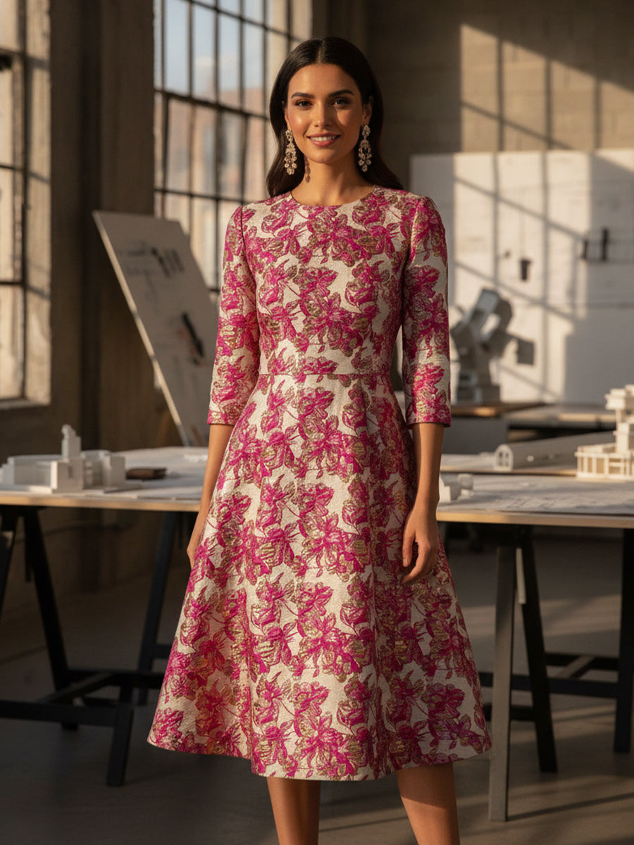 A-Line Jacquard 3/4 Sleeve Knee-Length Mother of the Bride Dresses