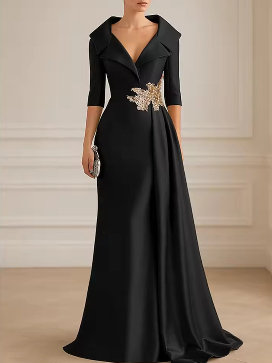 A-Line Satin V-Neck 3/4 Sleeve Mother of the Bride Dresses Floor-Length Ball Gown with Applique