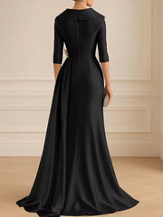 A-Line Satin V-Neck 3/4 Sleeve Mother of the Bride Dresses Floor-Length Ball Gown with Applique