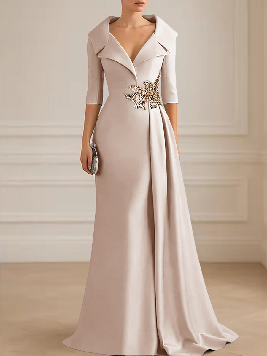 A-Line Satin V-Neck 3/4 Sleeve Mother of the Bride Dresses Floor-Length Ball Gown with Applique