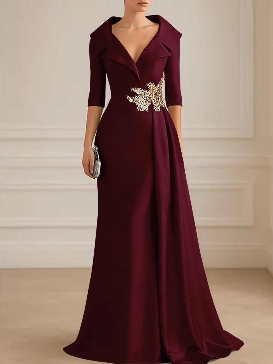 A-Line Satin V-Neck 3/4 Sleeve Mother of the Bride Dresses Floor-Length Ball Gown with Applique