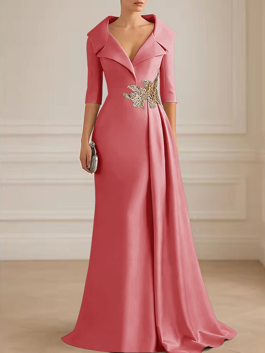 A-Line Satin V-Neck 3/4 Sleeve Mother of the Bride Dresses Floor-Length Ball Gown with Applique
