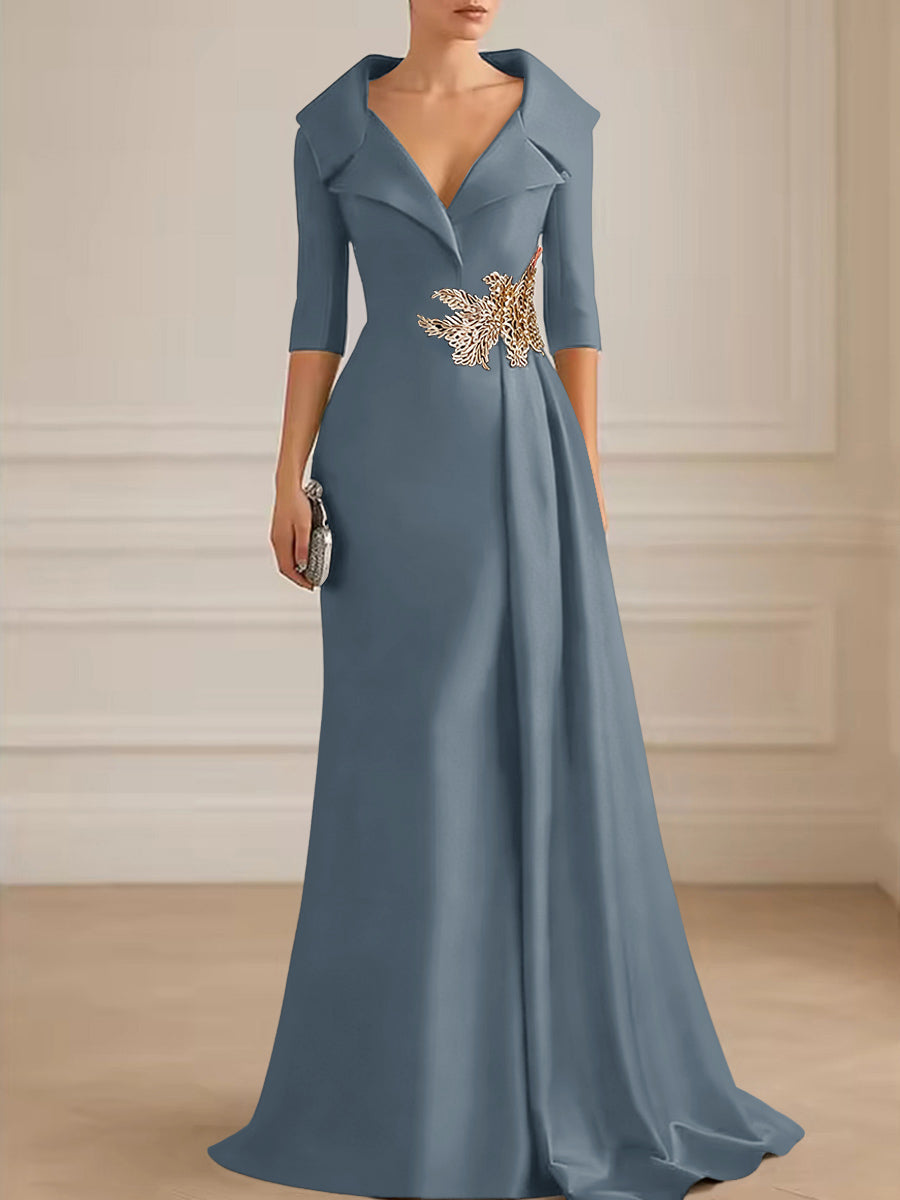 A-Line Satin V-Neck 3/4 Sleeve Mother of the Bride Dresses Floor-Length Ball Gown with Applique