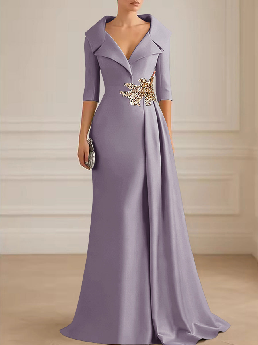A-Line Satin V-Neck 3/4 Sleeve Mother of the Bride Dresses Floor-Length Ball Gown with Applique