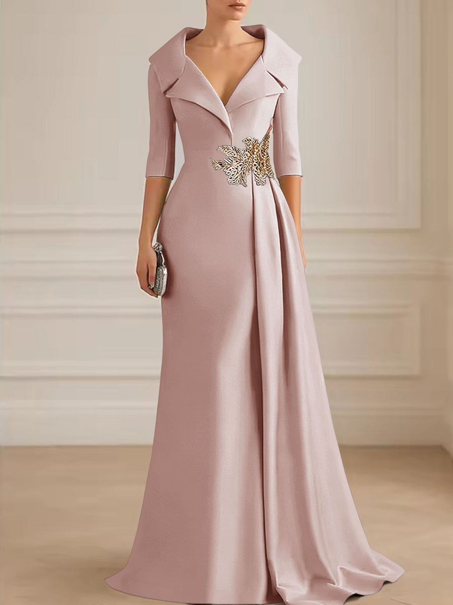 A-Line Satin V-Neck 3/4 Sleeve Mother of the Bride Dresses Floor-Length Ball Gown with Applique
