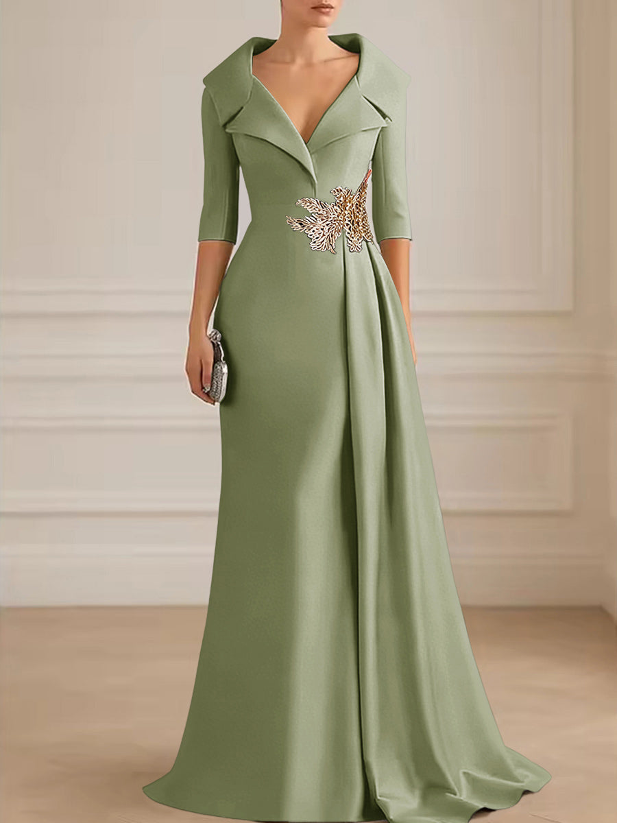 A-Line Satin V-Neck 3/4 Sleeve Mother of the Bride Dresses Floor-Length Ball Gown with Applique