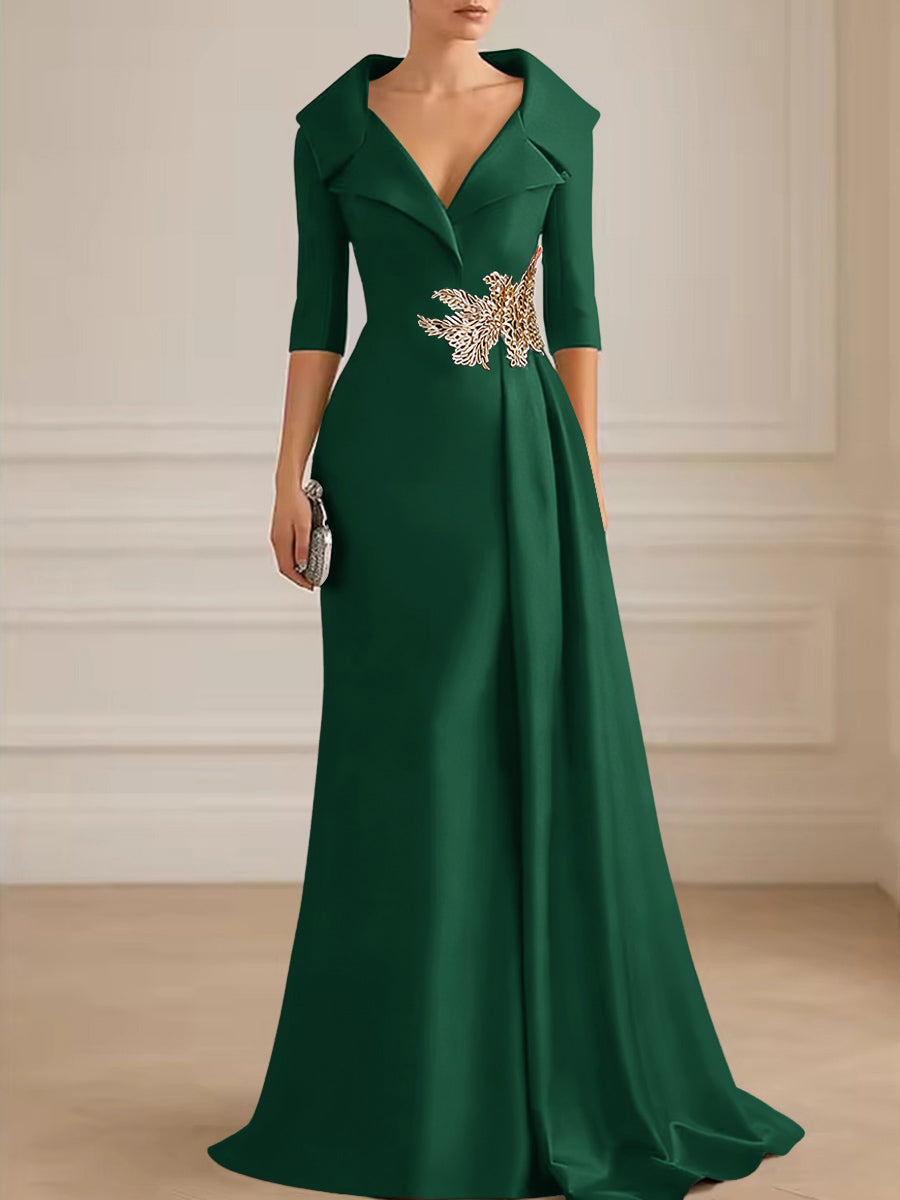 A-Line Satin V-Neck 3/4 Sleeve Mother of the Bride Dresses Floor-Length Ball Gown with Applique