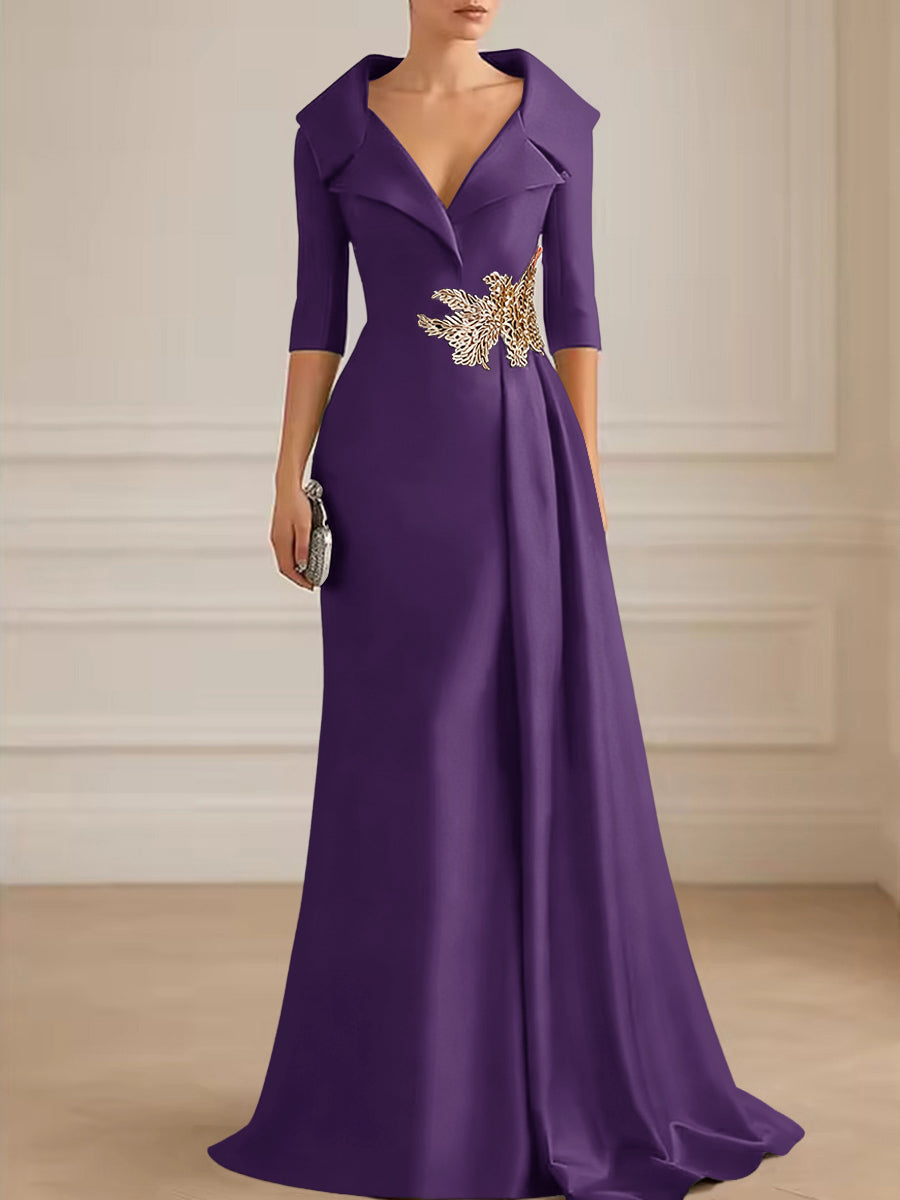 A-Line Satin V-Neck 3/4 Sleeve Mother of the Bride Dresses Floor-Length Ball Gown with Applique