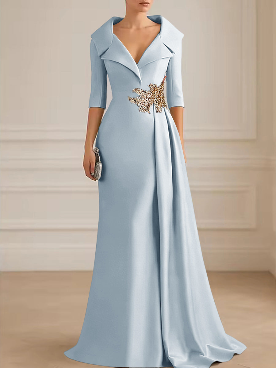 A-Line Satin V-Neck 3/4 Sleeve Mother of the Bride Dresses Floor-Length Ball Gown with Applique