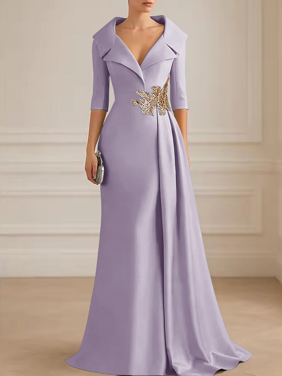A-Line Satin V-Neck 3/4 Sleeve Mother of the Bride Dresses Floor-Length Ball Gown with Applique